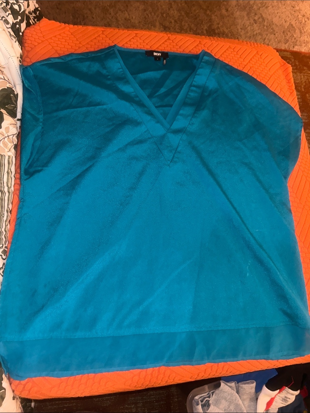 DKNY Teal V-Neck Top with Sheer Hem